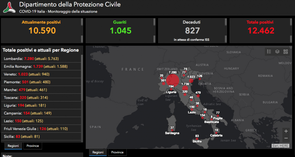 Dati raccolta dalla protezione civile italiana sulla diffusione del Coronavirus in Italia